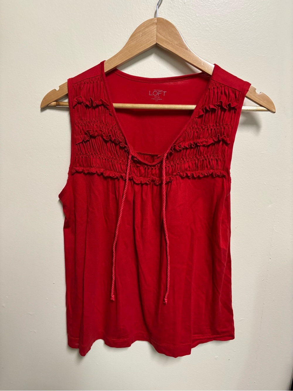 LOFT Red Smocked Tie-Front Sleeveless Tank